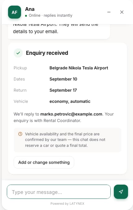 Completed Car Rental enquiry in the AI Front Office widget, showing pickup location, rental dates, vehicle class, contact handoff, and a note that vehicle availability and the final price are confirmed by the rental team, not the AI.