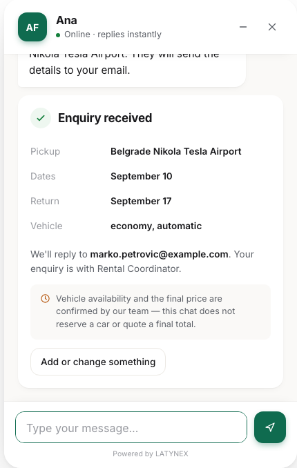 Completed Car Rental enquiry in the AI Front Office widget, showing pickup location, rental dates, vehicle class, contact handoff, and a note that vehicle availability and the final price are confirmed by the rental team, not the AI.